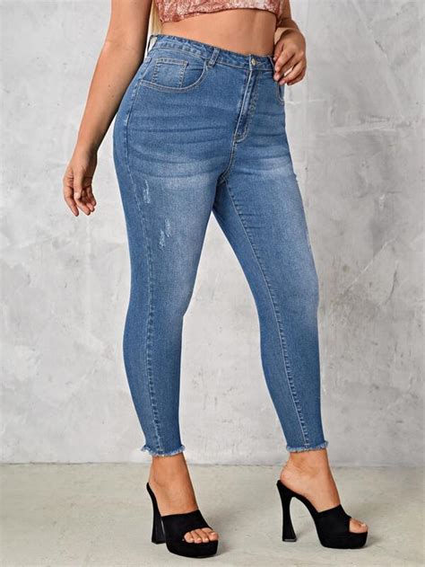 Shein Essnce Plus High Waist Raw Cut Skinny Jeans Shein Usa