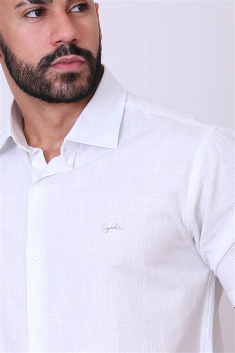 Camisa Branca Manga Curta Ogochi Essencial Slim Estilo Linho