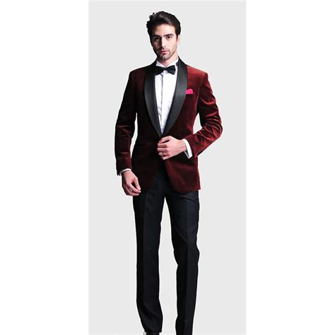 Fashion Style One Button Dark Red Velvet Groom Tuxedos Mens Wedding Prom Suits Bridegroom Groom