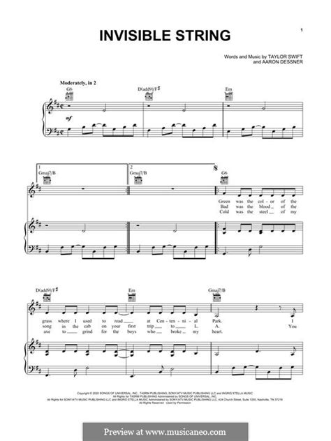 Invisible string (Taylor Swift) by A. Dessner - sheet music on MusicaNeo