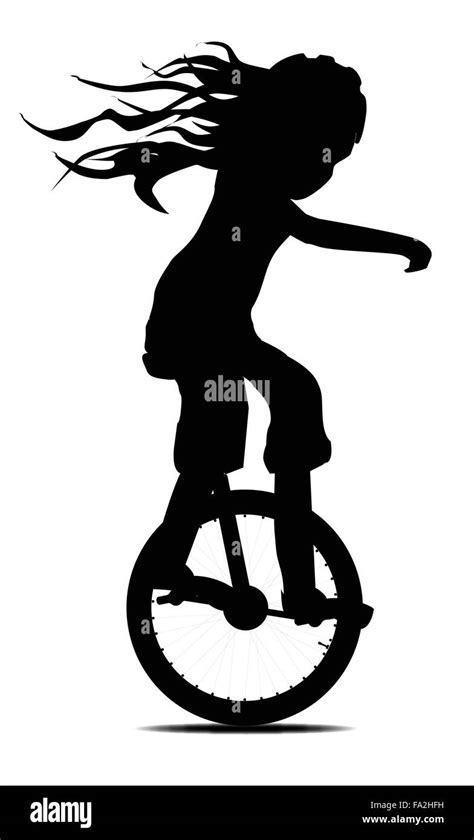 Silhouette Of A Little Girl On A Unicycle Isolated Over A White