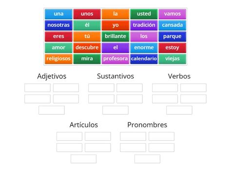 Sustantivos Pronombres Art Culos Adjetivos Y Verbos Ordenar Por Grupo