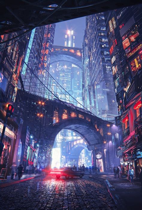 Taillights City Science Fiction Futuristic City Road Building