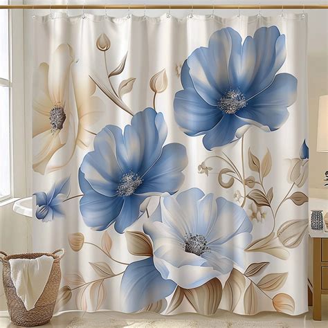 Chic Floral Shower Curtain Blue And Beige Flowers On White Fabric