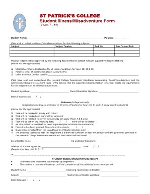 Fillable Online St Patricks College Student Illness Misadventure Form