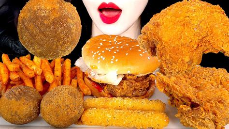 ASMR FRIED CHICKEN BURGER FRIES CHEESE BALLS 맘스터치 햄버거 치즈볼 치즈스틱 치킨 먹방