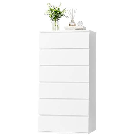 Fotosok White Dresser 6 Drawer Dresser Modern Tall Floor Storage