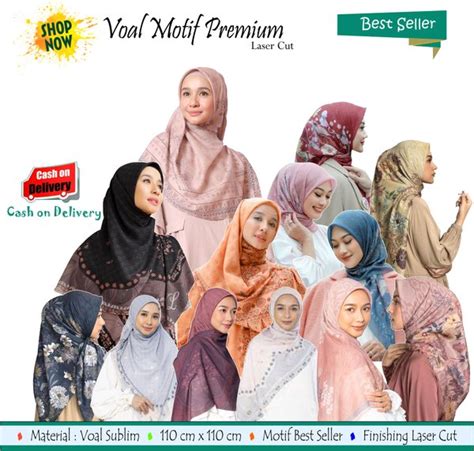 Jual Jilbab Segi Empat Voal Motif Premium X Kerudung Hijab Voal