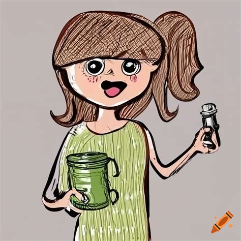 Cartoon Drawing Of A Happy English Woman With Long Brown Hair Holding