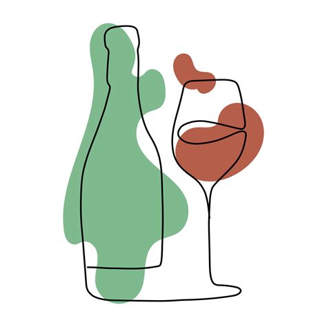 Minimalistic One Line Drawing Of A Bottle Of Wine And A Glass