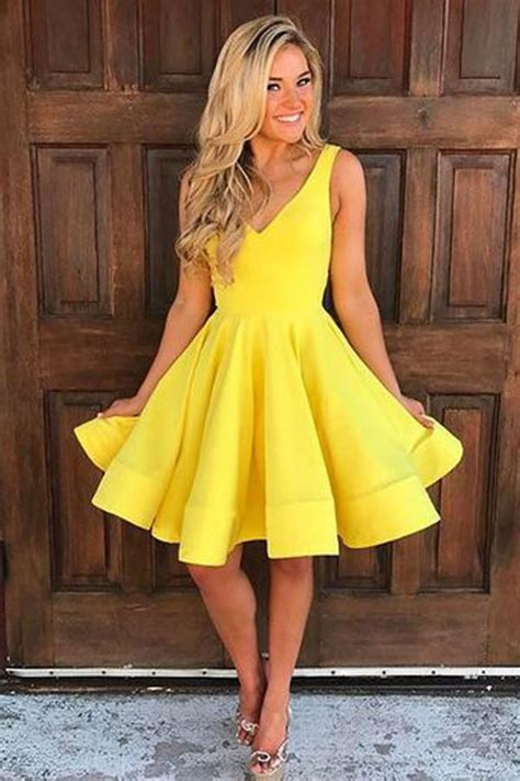 A Line Yellow Satin Short Prom Dress Homecoming Dress Short Prom