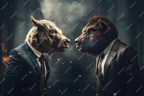 Premium Ai Image Bull Versus Bear In Suits Facing Each Other Trading