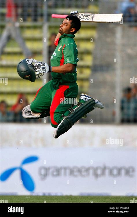 Bangladeshs Tamim Iqbal Jumps To Celebrate Scoring A Century Against