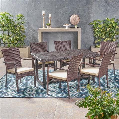 Noble House Knox Multi Brown Piece Faux Rattan Outdoor Dining Set