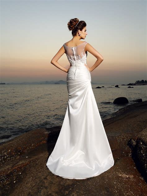 Trumpet Mermaid Scoop Beading Sleeveless Long Satin Beach Wedding