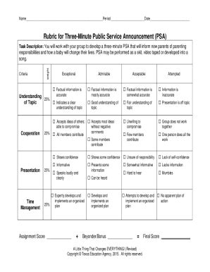 Rubric For Three Minute Public Service Announcement PSA Human Services