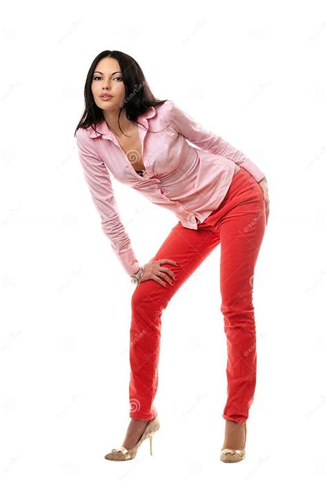 Playful Young Brunette In Red Jeans Stock Image Image Of Lovely Cute