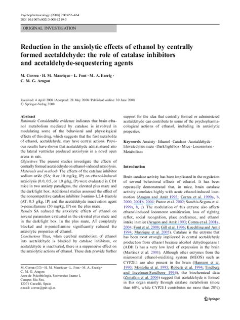 (PDF) Reduction in the anxiolytic effects of ethanol by centrally formed acetaldehyde: the role ...