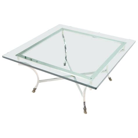 Square Chrome And Brass Hoof Feet Base Thick Glass Top Coffee Table For Sale At 1stdibs