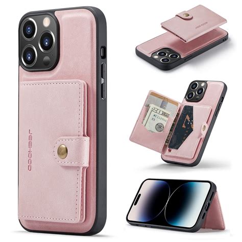 Jeehood Retro Magnetic Detachable Leather Phone Case For Iphone 14 Pro Max Pink