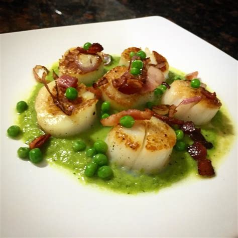 Pan Seared Scallops With A Mint Pea Purée Topped With Bacon Seriouseats