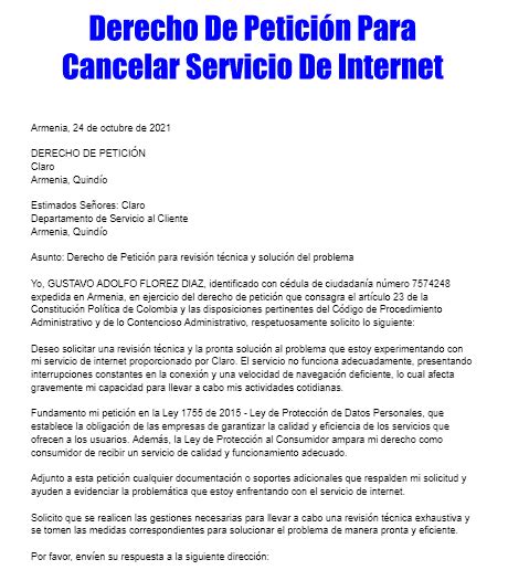 Derecho De Petici N Para Cancelar Servicio De Internet Tramitaloya Co