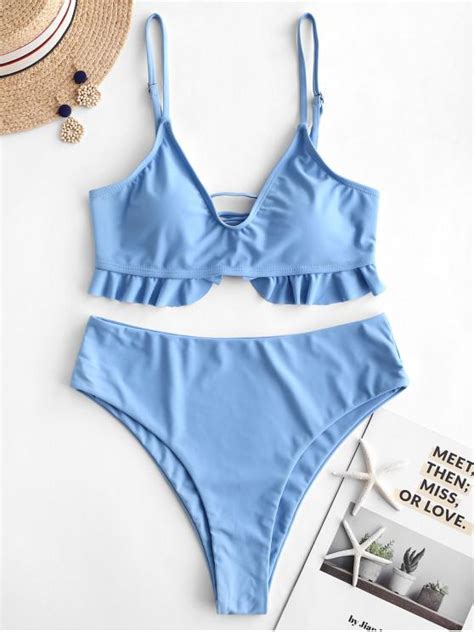 [31 Off] 2021 Zaful Lace Up Ruffle High Leg Bikini Swimsuit In Day Sky