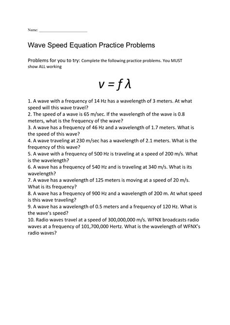 Wave Speed Equation Practice Problems Key Answers Wave Speed