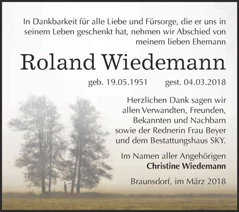 Traueranzeigen Von Roland Wiedemann Abschied Nehmen De