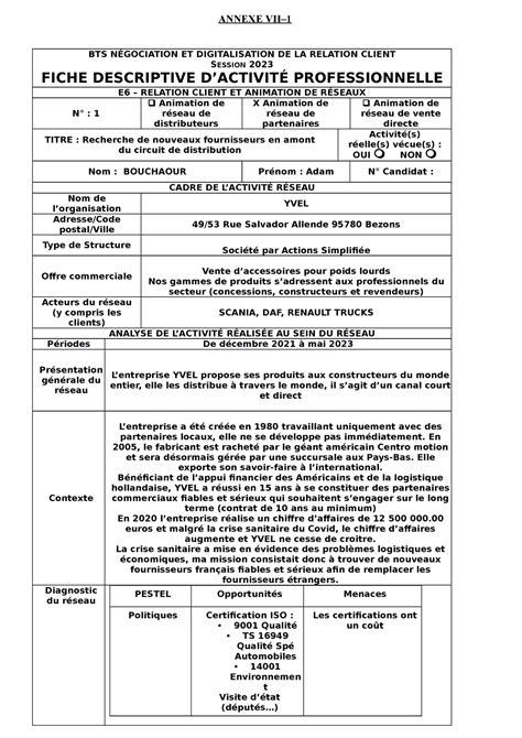 BTS NDRC 2021 E6 Fiche descriptive ANNEXE VII BTS NÉGOCIATION ET