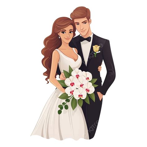 Linda Caricatura Joven Pareja De Novios Con Ramo De Orquídeas Phalaenopsis Estilo Plano Png