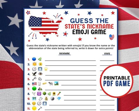 Us States Nickname Emoji Quiz Game 4th Of July Party Printable Patriotic Emoji Pictionary Trivia