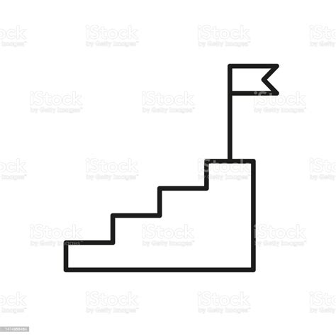 간단한 성장 또는 분석 단색 검은 선 아이콘입니다 통계 차트 개념입니다 깃발이 있는 계단 위로 기호 용도 일러스트레이션 로고