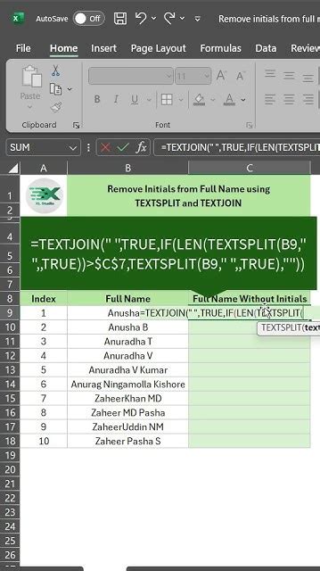 Remove Initials From Full Name Using Textsplit And Textjoin In Excel Exceltricks Exceltips