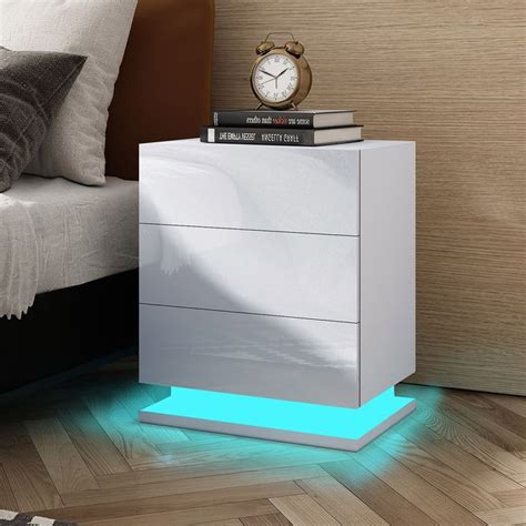 White High Gloss Front Bedside Table Three Drawer Nightstand With Rgb