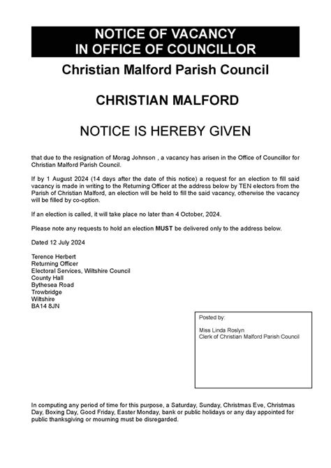 Notice Of Vacancy Parish Councillor Christian Malford Village