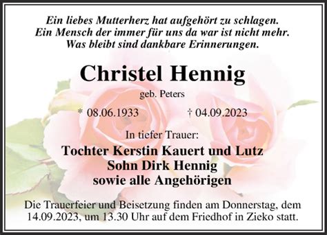 Traueranzeigen Von Christel Hennig Abschied Nehmen De