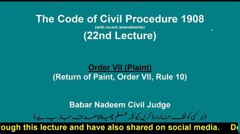 22nd Lecture CPC Order VII Rule 10 Return Of Plaint YouTube