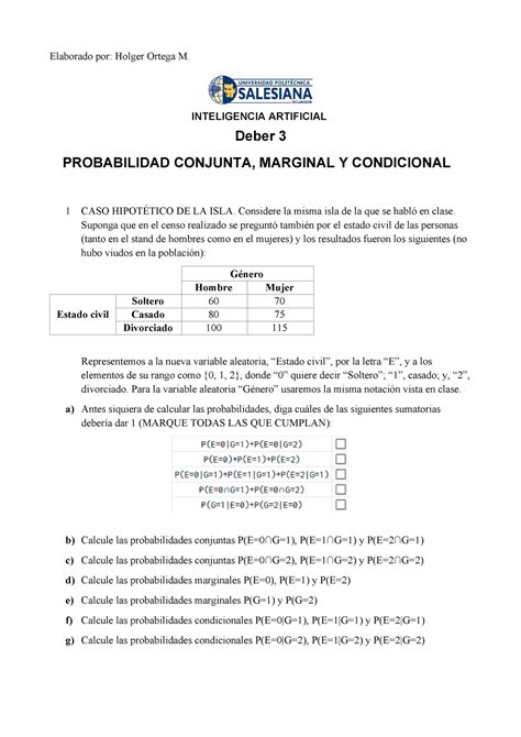 Deber Probabilidad Conjunta Marginal Y Condicional Elaborado Por