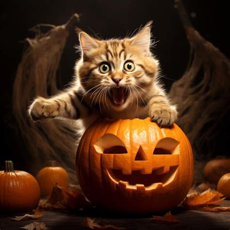 Premium Photo Araffe Cat Sitting On Top Of A Pumpkin With Its Mouth