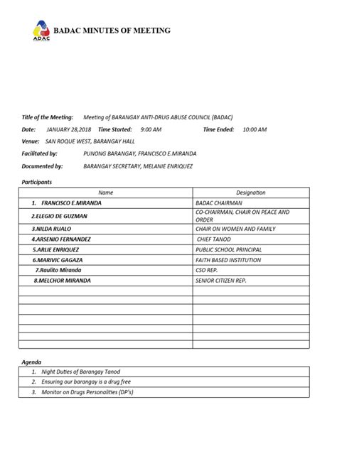 Badac Form Minutes Of Meeting Pdf