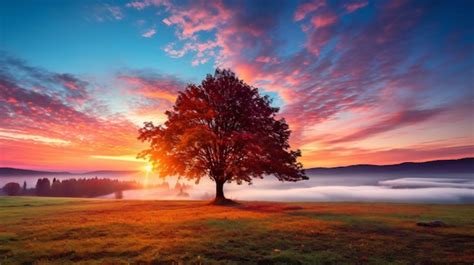 Premium Photo Colorful Autumn Sunrise On Meadow