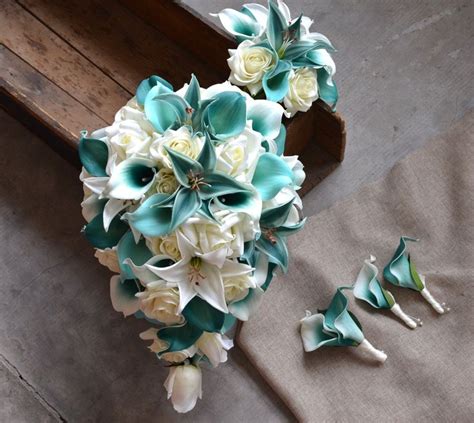 Teal Cascade Bridal Bouquet Toss Bouquet Real Touch Flowers Calla