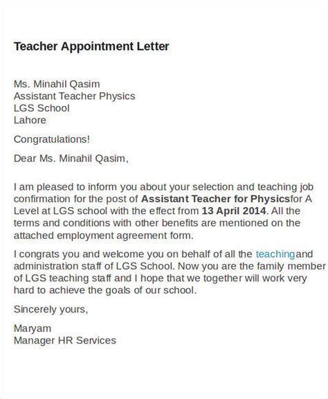 Teacher Appointment Letter Template 13 Free Word Pdf Format Download