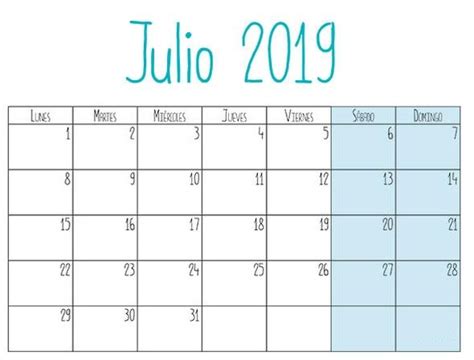 Calendario Julio 2019 Con Festivos Formato Calendario Julio