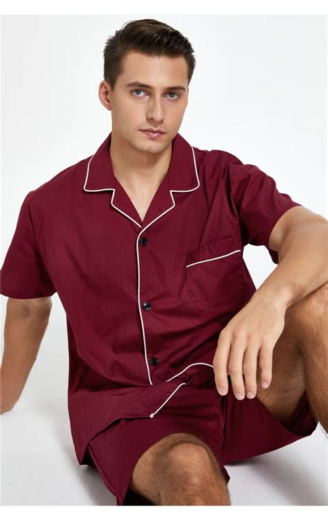 Mens Cotton Short Sleeve Woven Pajama Set Burgundy With White Piping Tony And Candice