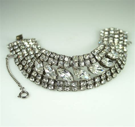 Vintage Weiss Bracelet Wide Clear Rhinestone Bridal Jewelry