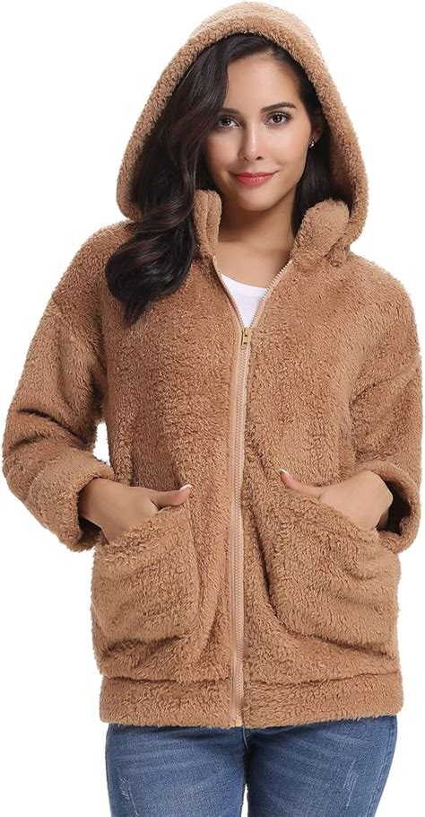 Abollria Damen Kapuzenjacke Teddy Fleece Plüschjacke mit Abnehmbarer