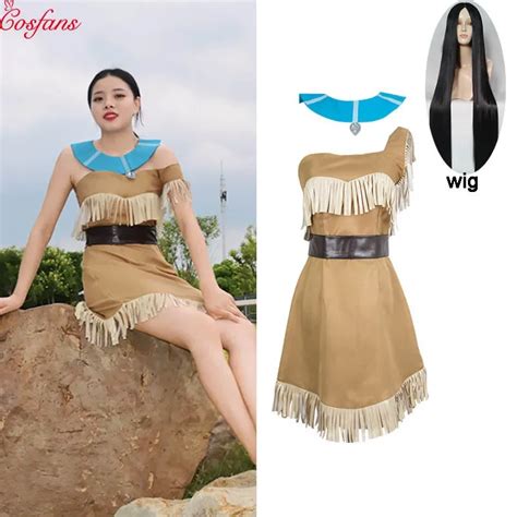 Girls Bueaty Princess Pocahontas Indian Cosplay Costume Halloween Outfit Adult Women T Dress