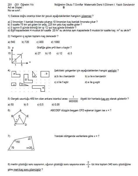 Siniflar Matemat K D Nem Yazili Sorulari Lk Retim Matematik